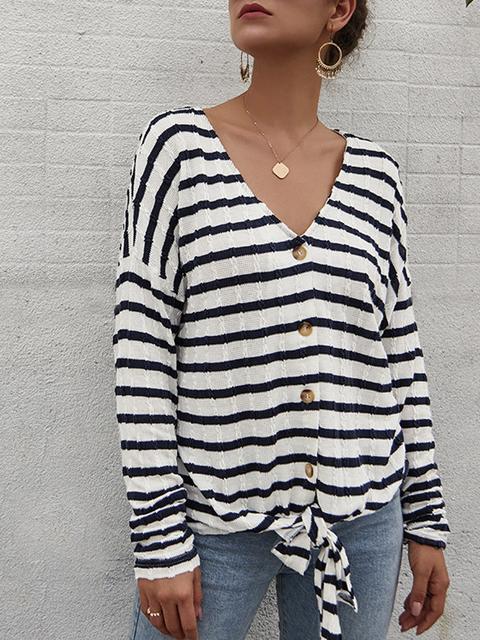 Striped Pattern Button Strap Knit Cardigan-Pinkami
