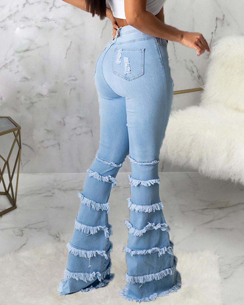 Women Ripped Raw Edge Layer Trim High Waist Flare Jeans-Pinkami