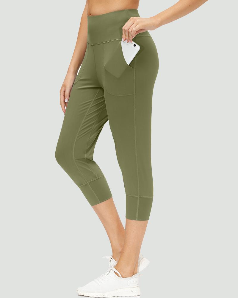 Slant Pocket Wide Waistband Elastic Hem Sports Leggings For Women-Pinkami