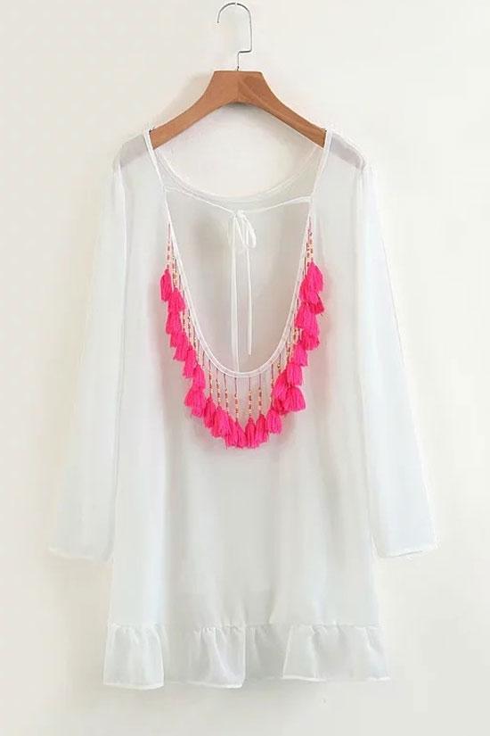 Sexy Fringe Self Tie Back Cover Up-Pinkami