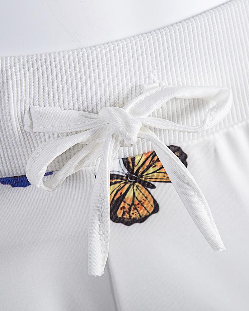 Striped & Butterfly Print Drawstring Waist Zip Up Jacket & Pants Set-Pinkami