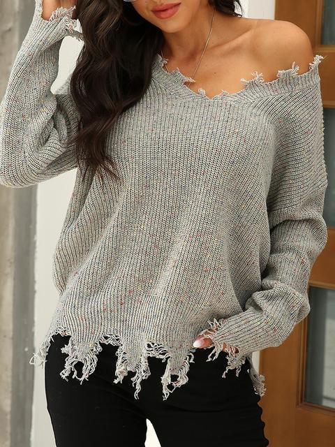 Solid Color V-neck Pullover Sweater-Pinkami