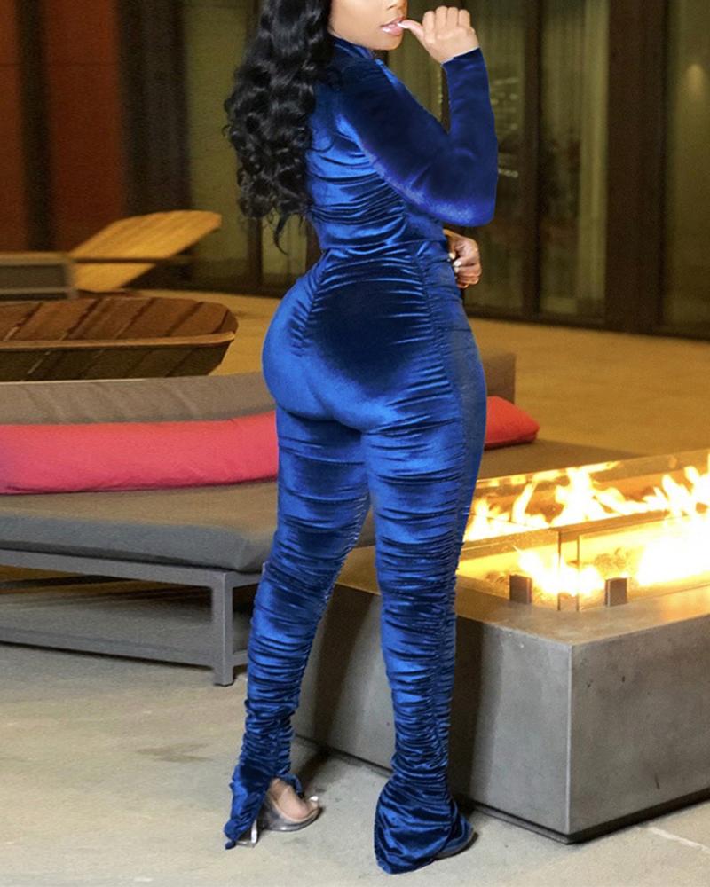 Solid Ruched Zip Up Long Sleeve Top & Split Hem Pants Set-Pinkami