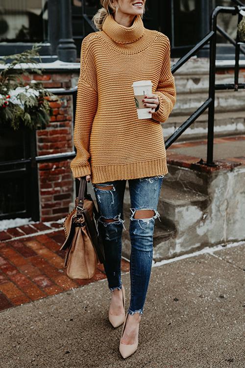 Solid Color Commuter Turtleneck Sweater Female-Pinkami