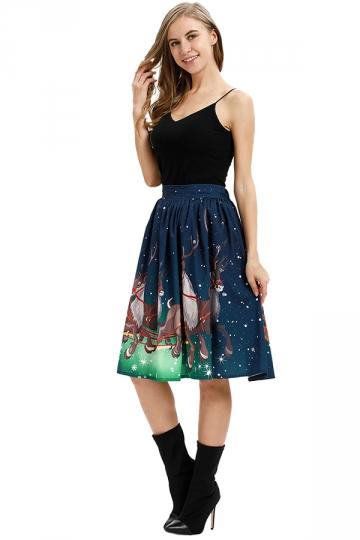 High Waisted Reindeer Print Midi Christmas Pleated Skirt Navy Blue-Pinkami