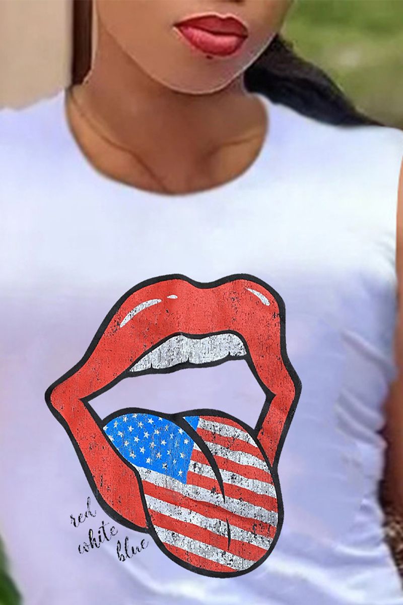Lips & Flag Print Round Neck Tank Top-Pinkami