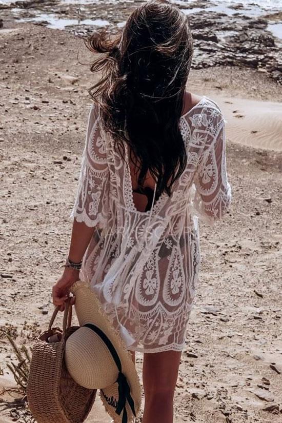 Paisley Lace Crochet Sleeved Sheer Tunic Cover Up-Pinkami