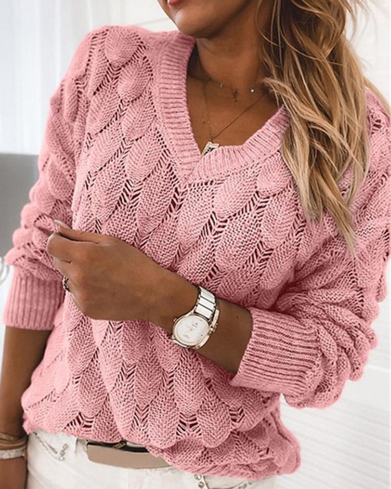 Solid Pointelle Knit Drop Shoulder Sweater-Pinkami