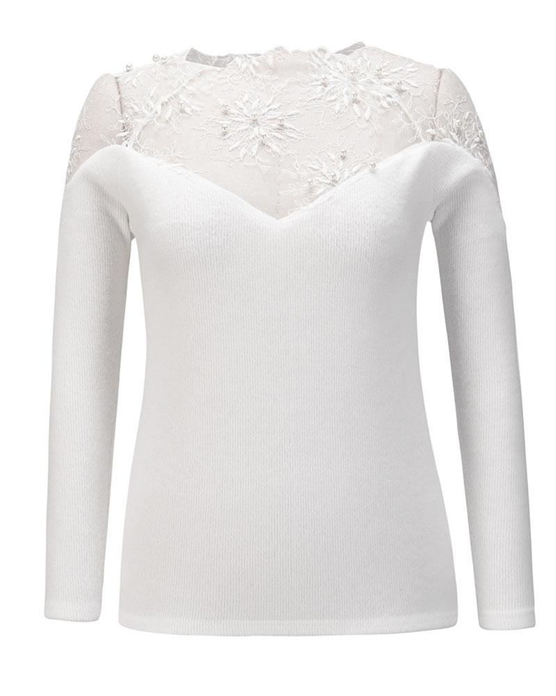 Floral Lace Beaded Decor Frill Trim Sweater-Pinkami