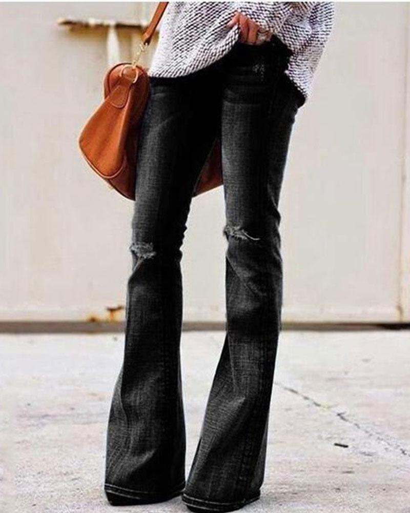 Women Vintage Knee Distressed High Waist Flare Jeans-Pinkami