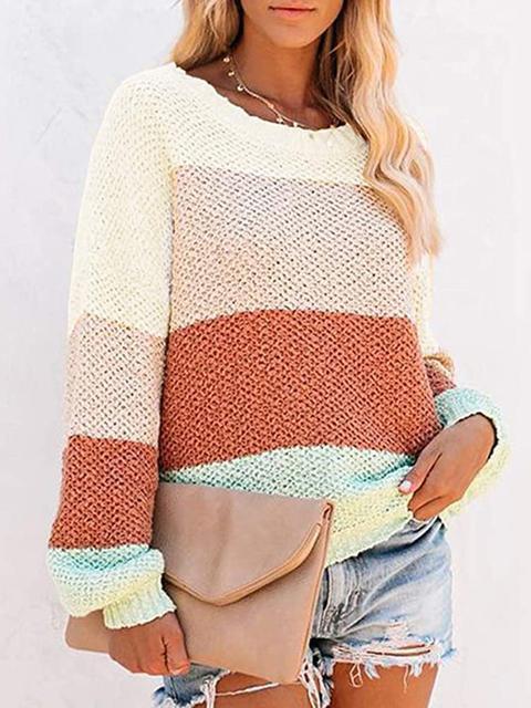 Color Block Off-shoulder Lightweight Sweater-Pinkami