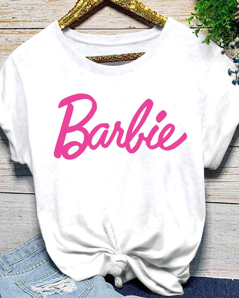 Letter Print Round Neck Short Sleeve T-Shirt-Pinkami