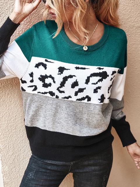 Color Block Leopard Patchwork Sweater-Pinkami