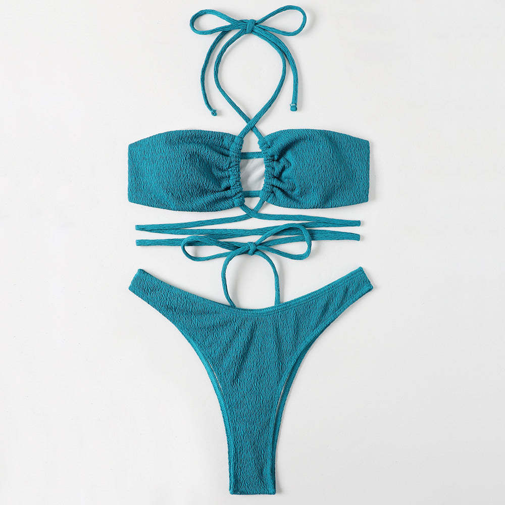 High Cut Wrap Around Cross Halter Shirred Brazilian Two Piece Bikini S