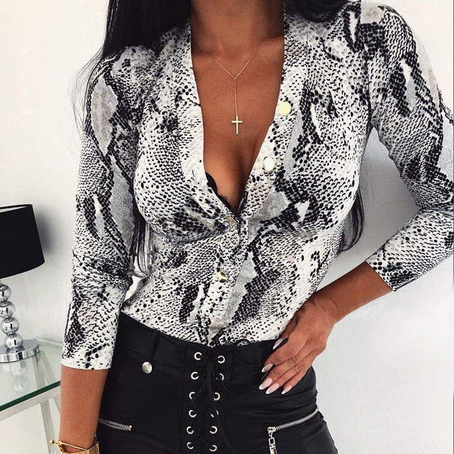 Leopard V Neck Long Sleeve Bodysuit