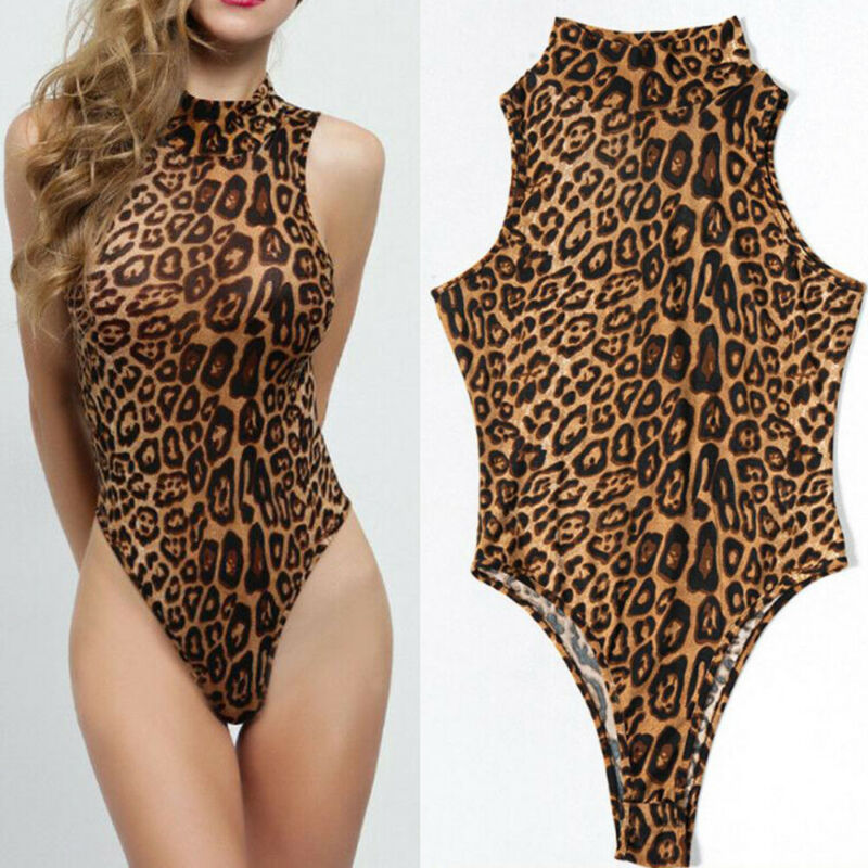 Sleeveless Turtleneck Leopard Print Bodysuit