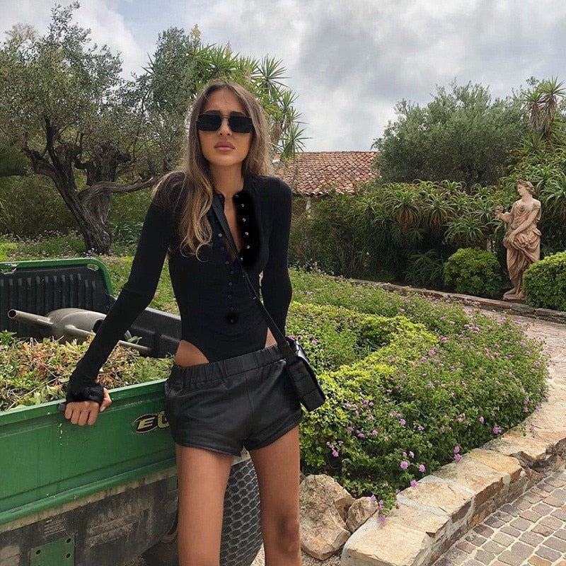 Solid Button Ribbed Long Sleeve O-Neck Skinny Bodysuit