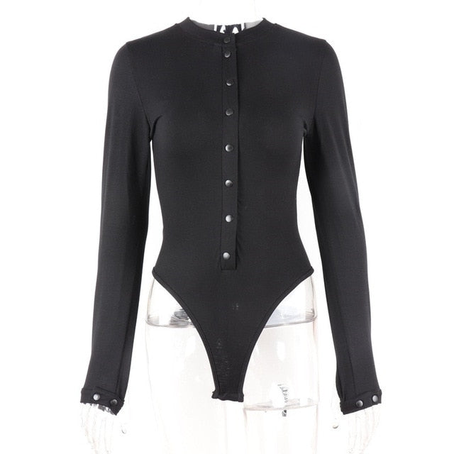 Solid Button Ribbed Long Sleeve O-Neck Skinny Bodysuit