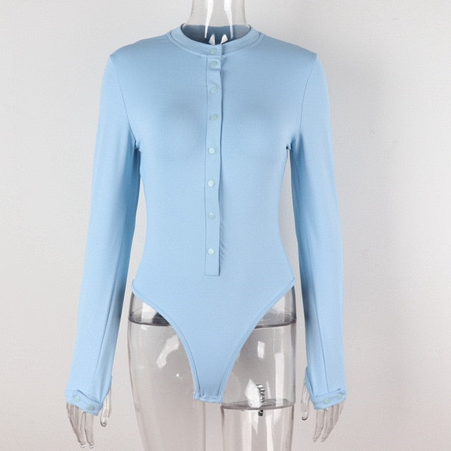 Solid Button Ribbed Long Sleeve O-Neck Skinny Bodysuit