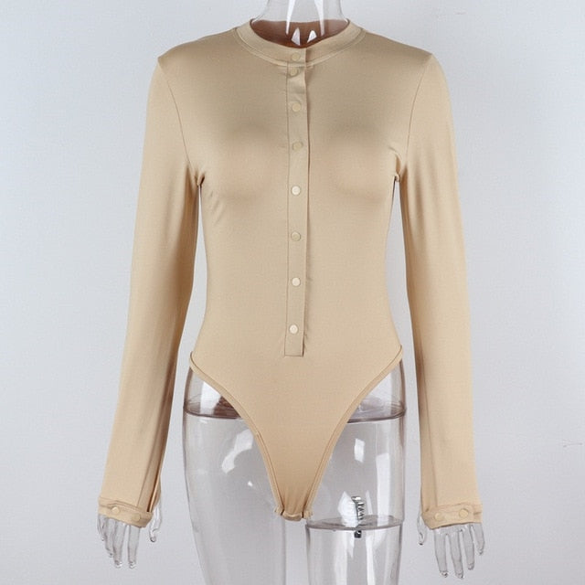 Solid Button Ribbed Long Sleeve O-Neck Skinny Bodysuit