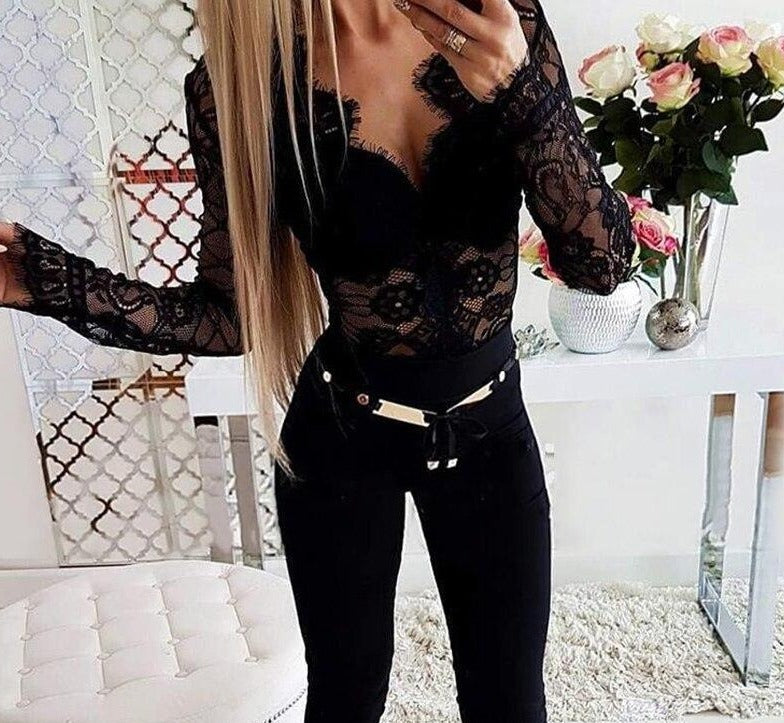 Eyelash Lace Long Sleeve V-Neck Bodysuit