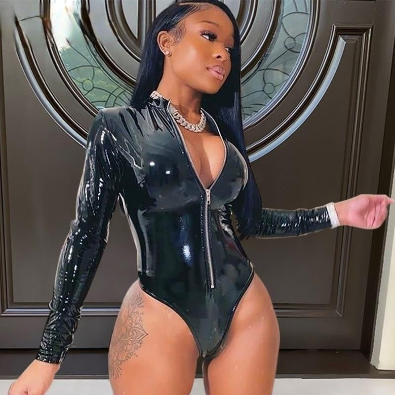 Faux PU Leather Zipper Bodysuit