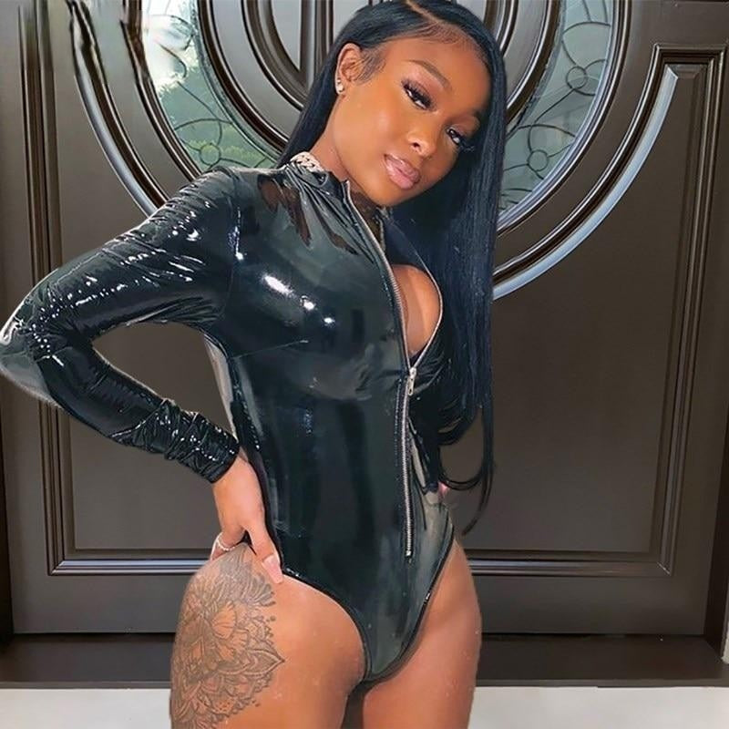 Faux PU Leather Zipper Bodysuit