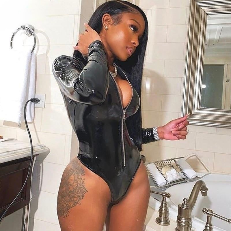 Faux PU Leather Zipper Bodysuit