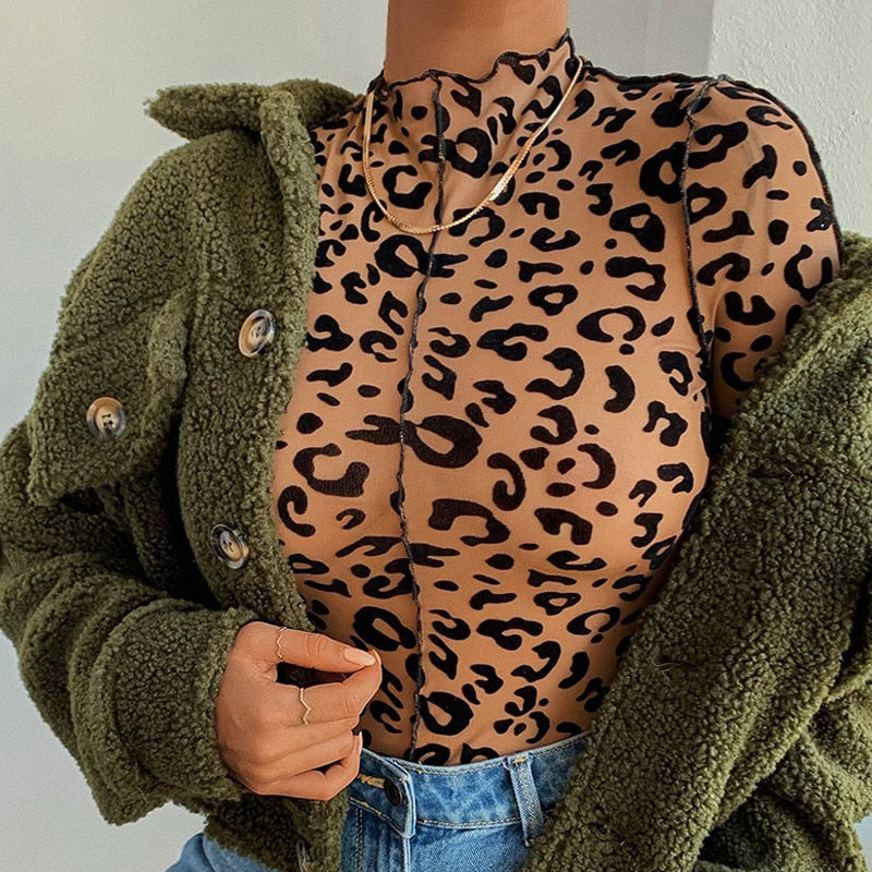 Leopard Printed Skinny High Neck Bodysuit