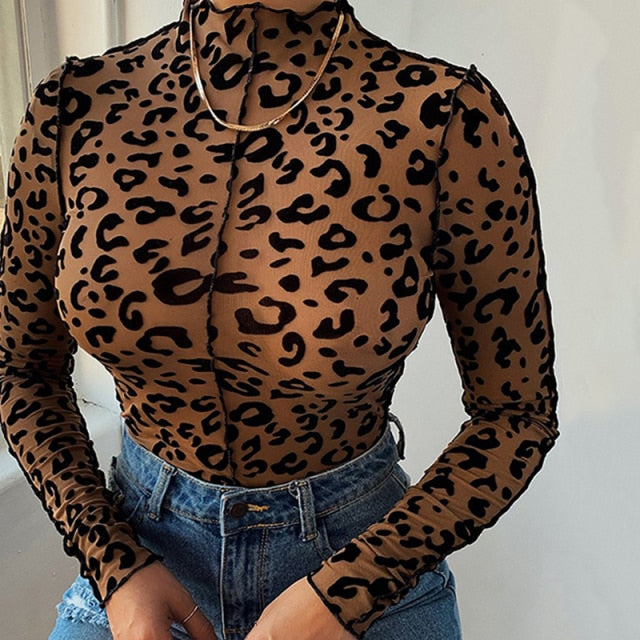 Leopard Printed Skinny High Neck Bodysuit