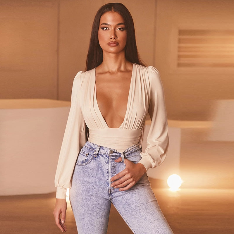 V Neck Puff Long Sleeve Bodysuit