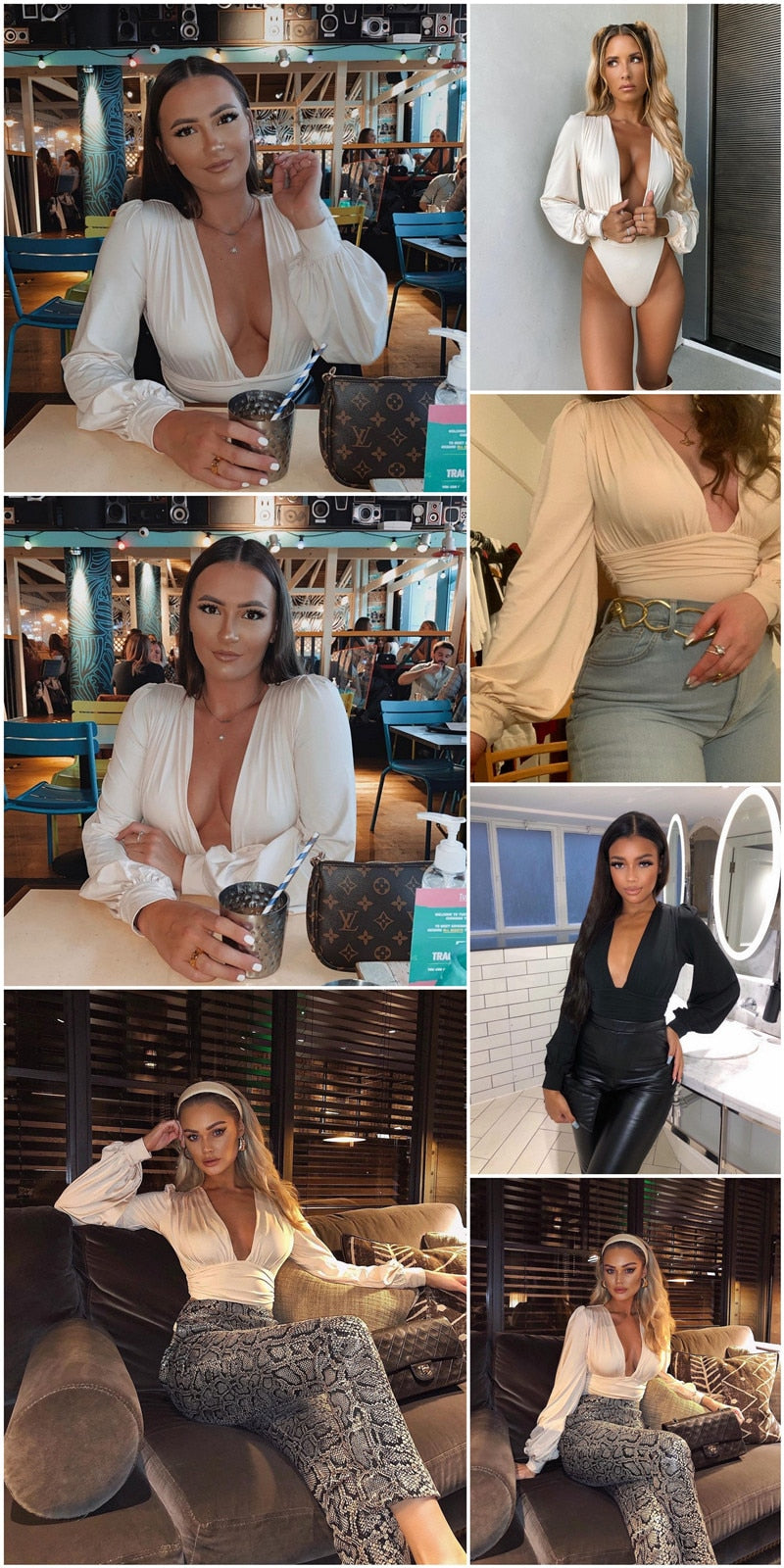 V Neck Puff Long Sleeve Bodysuit