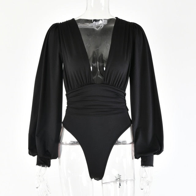 V Neck Puff Long Sleeve Bodysuit