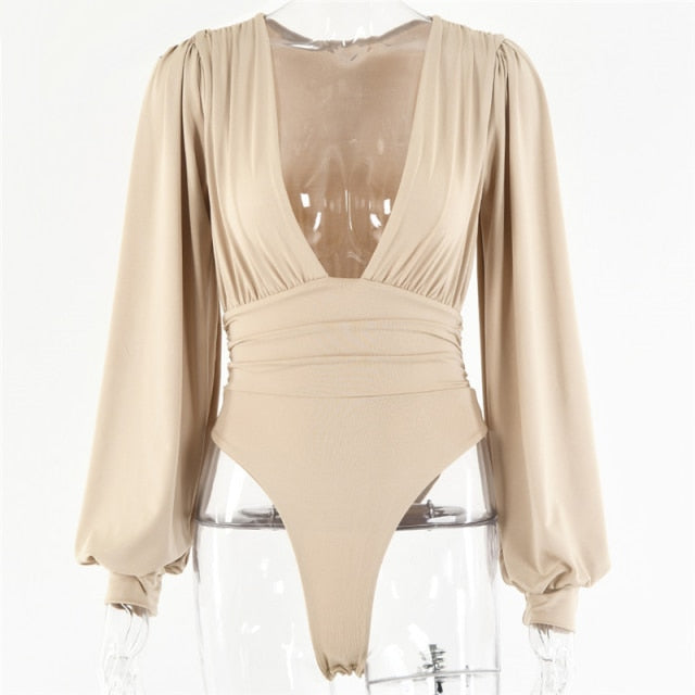 V Neck Puff Long Sleeve Bodysuit