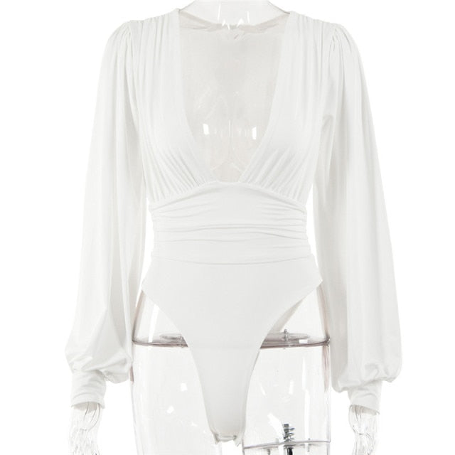 V Neck Puff Long Sleeve Bodysuit