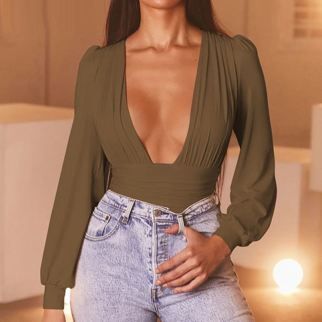 V Neck Puff Long Sleeve Bodysuit