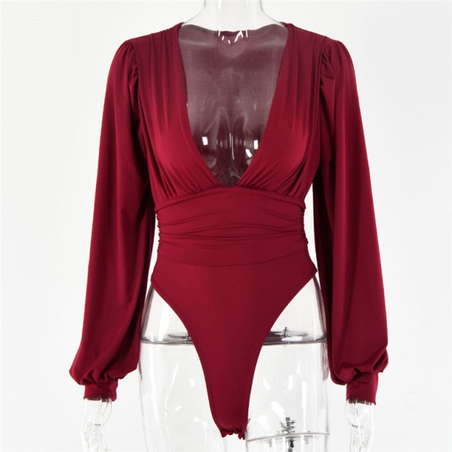 V Neck Puff Long Sleeve Bodysuit