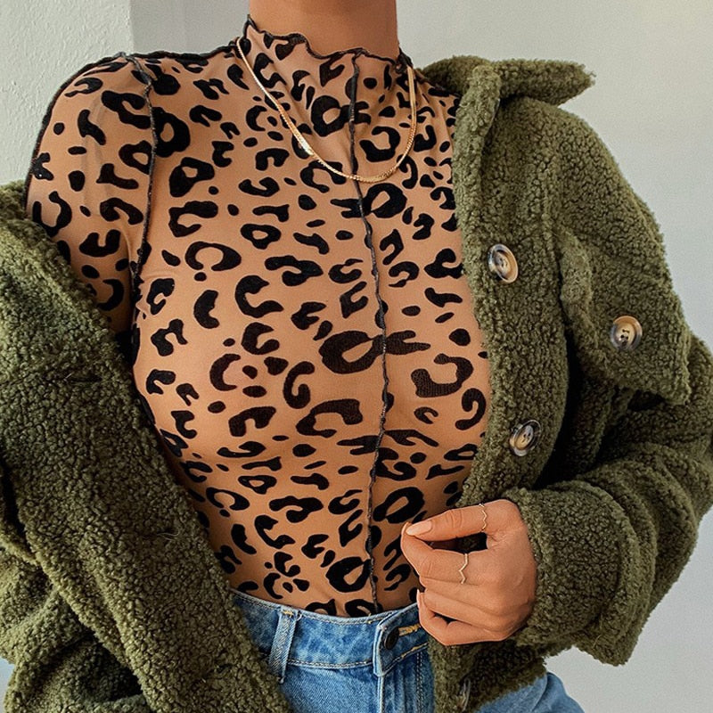 Leopard Printed Skinny High Neck Bodysuit