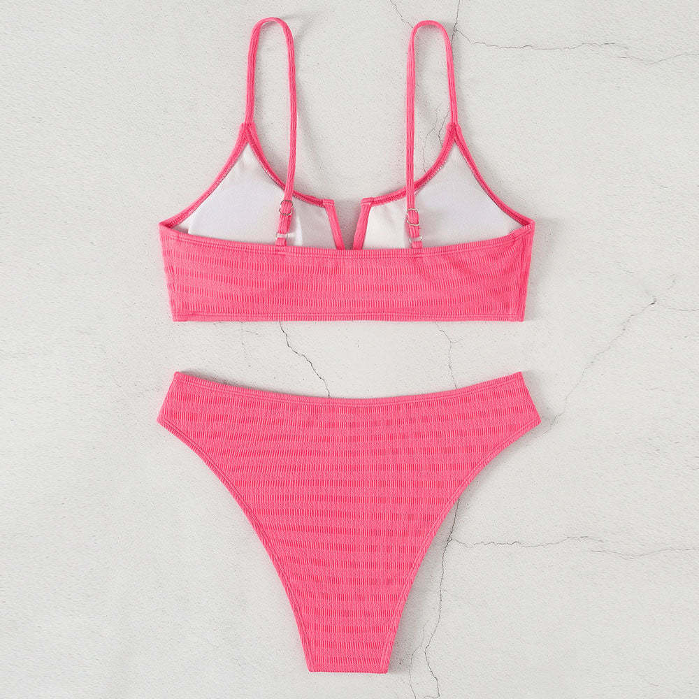 Unique Shirred High Cut Ruffle Notch Brazilian Two Piece Bikini Swimsu