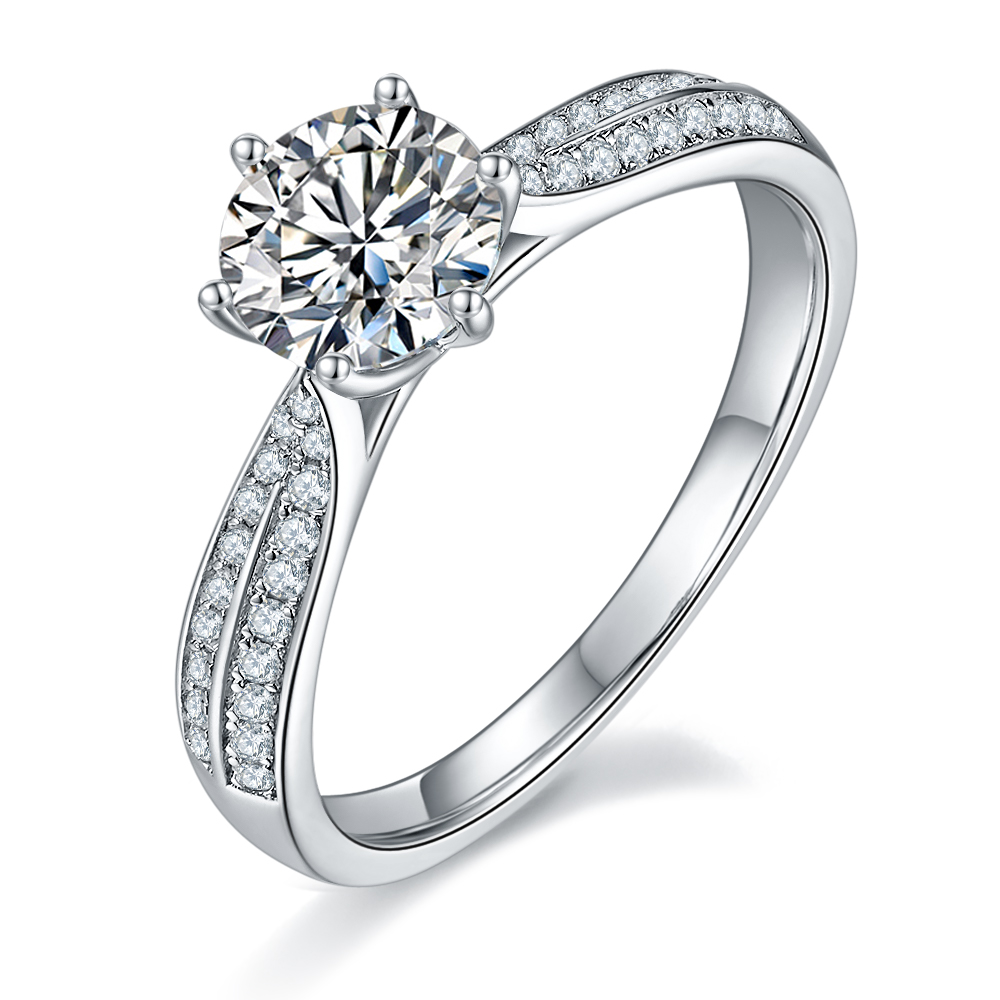 Queen-1.0ct DEF Round Moissanite Engagement with Side Accents Ring