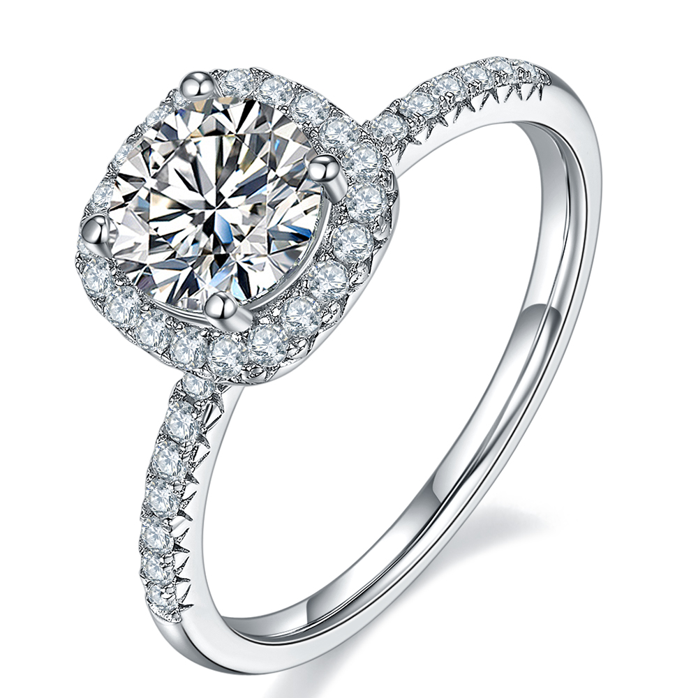 Bread-1.0ct DEF Round Moissanite Halo Engagement with Side Accents Ring