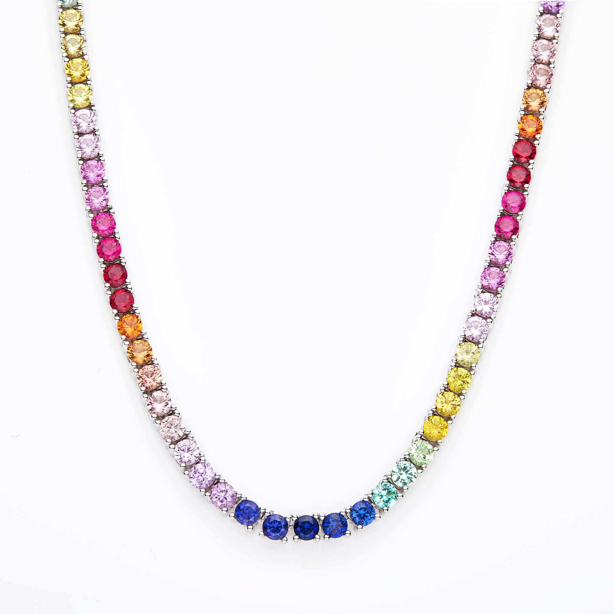 0.1 CTW Each Round Onedia® Created Rainbow Sapphire Tennis Necklace in 925 Silver