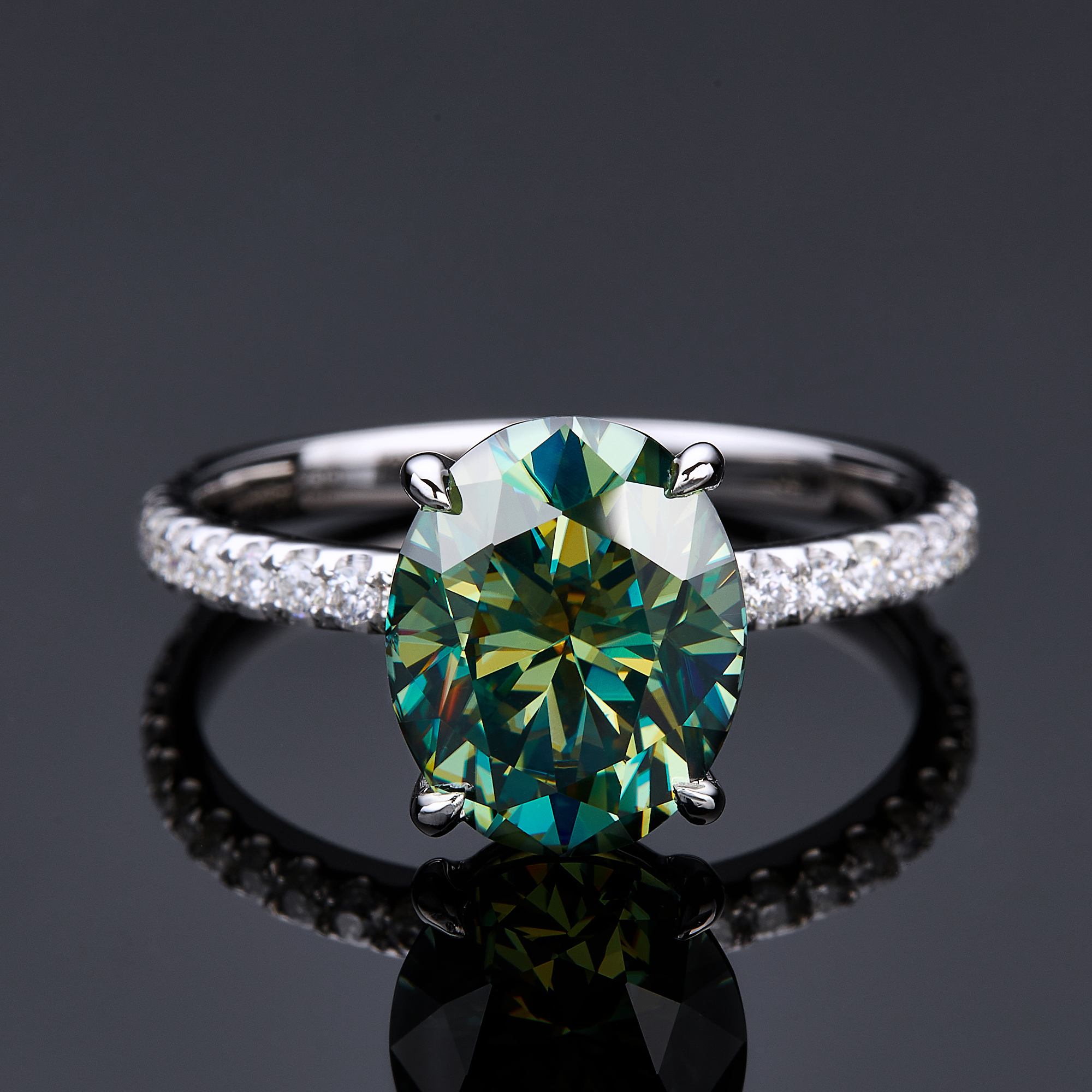3.0 Carat Oval Onedia® Dark Green Moissanite 14K White Gold Solitaire Engagement Ring 