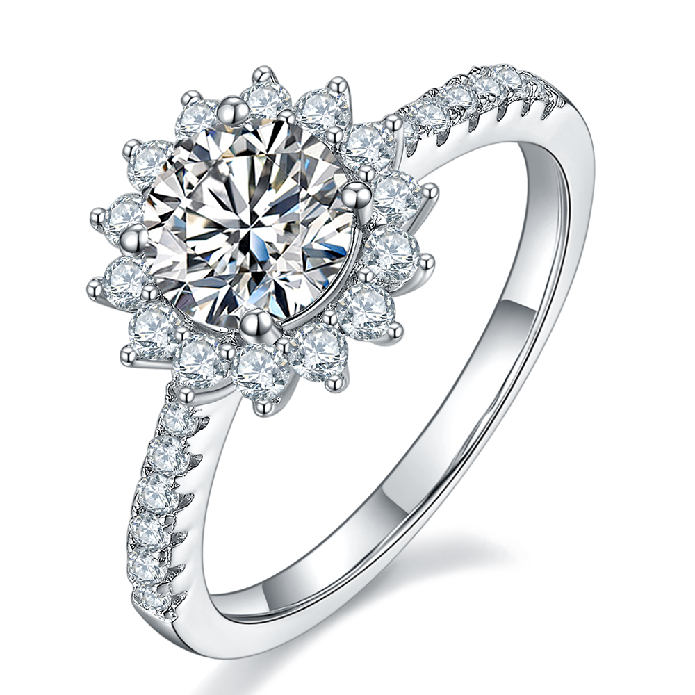 Sunflower-1.0ct DEF Round Moissanite with Side Accents Six Prong Ring