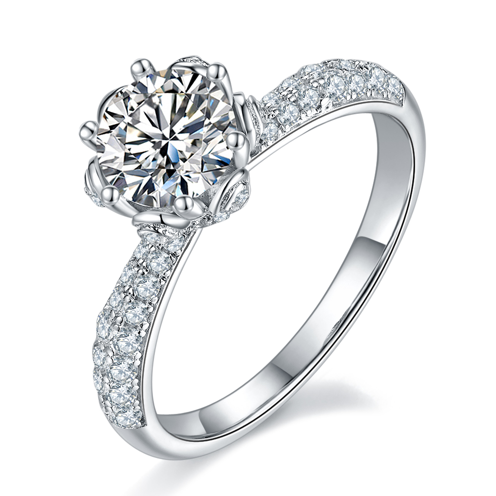 Flora-1.0ct DEF Round Moissanite Engagement with Side Accents Ring