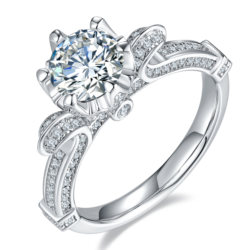 Swan Lake-1.0ct DEF Round Moissanite with Side Accents Six Prong Ring