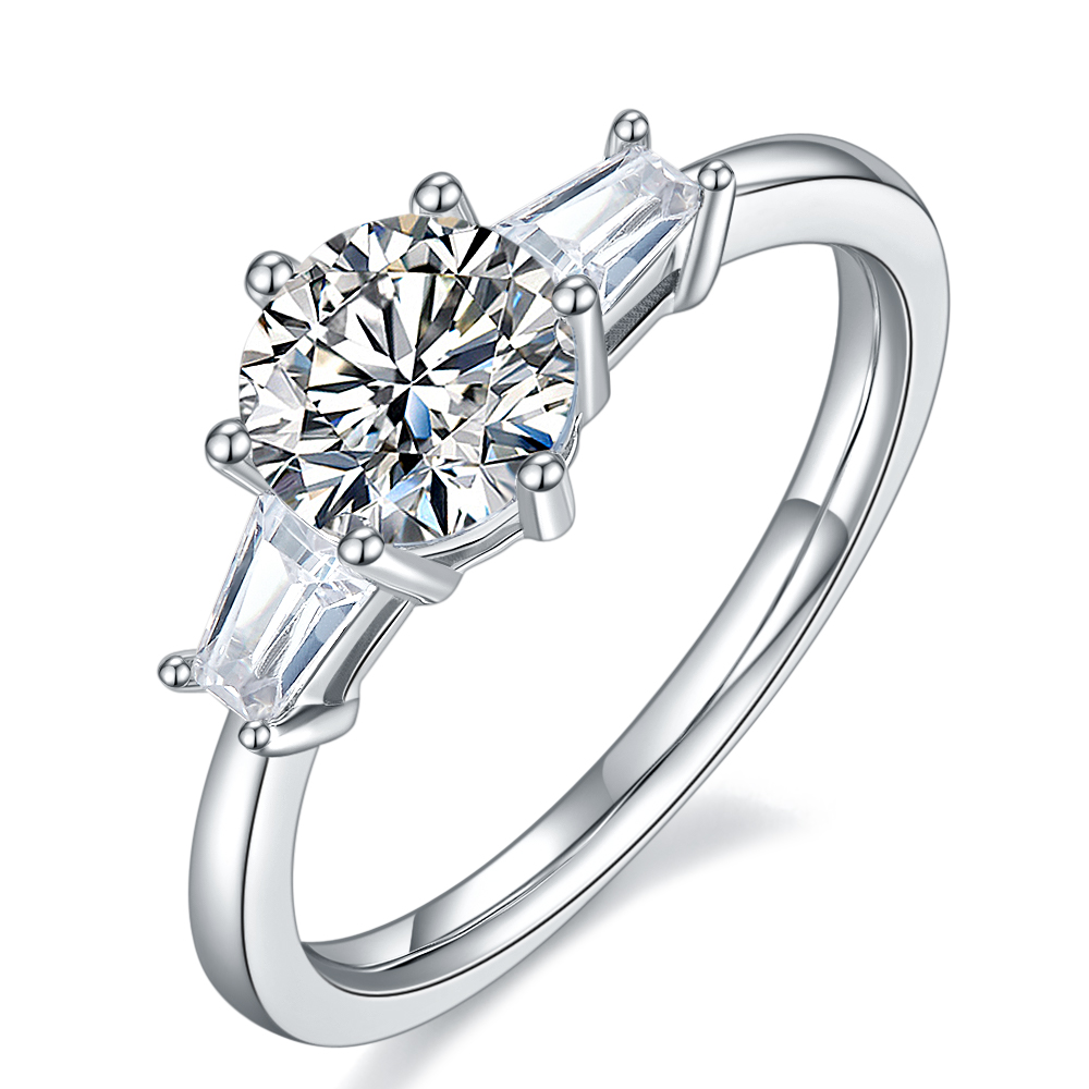 Flying-1.0ct DEF Round Moissanite Engagement with Side Accents Ring