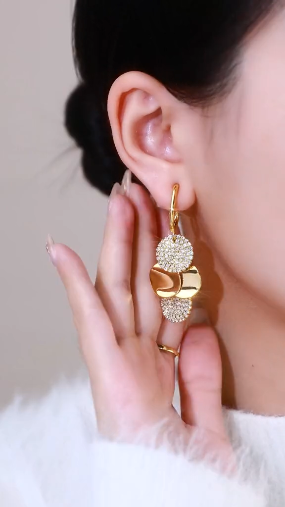 Diamond-encrusted Metal Disc Tassel Earrings
