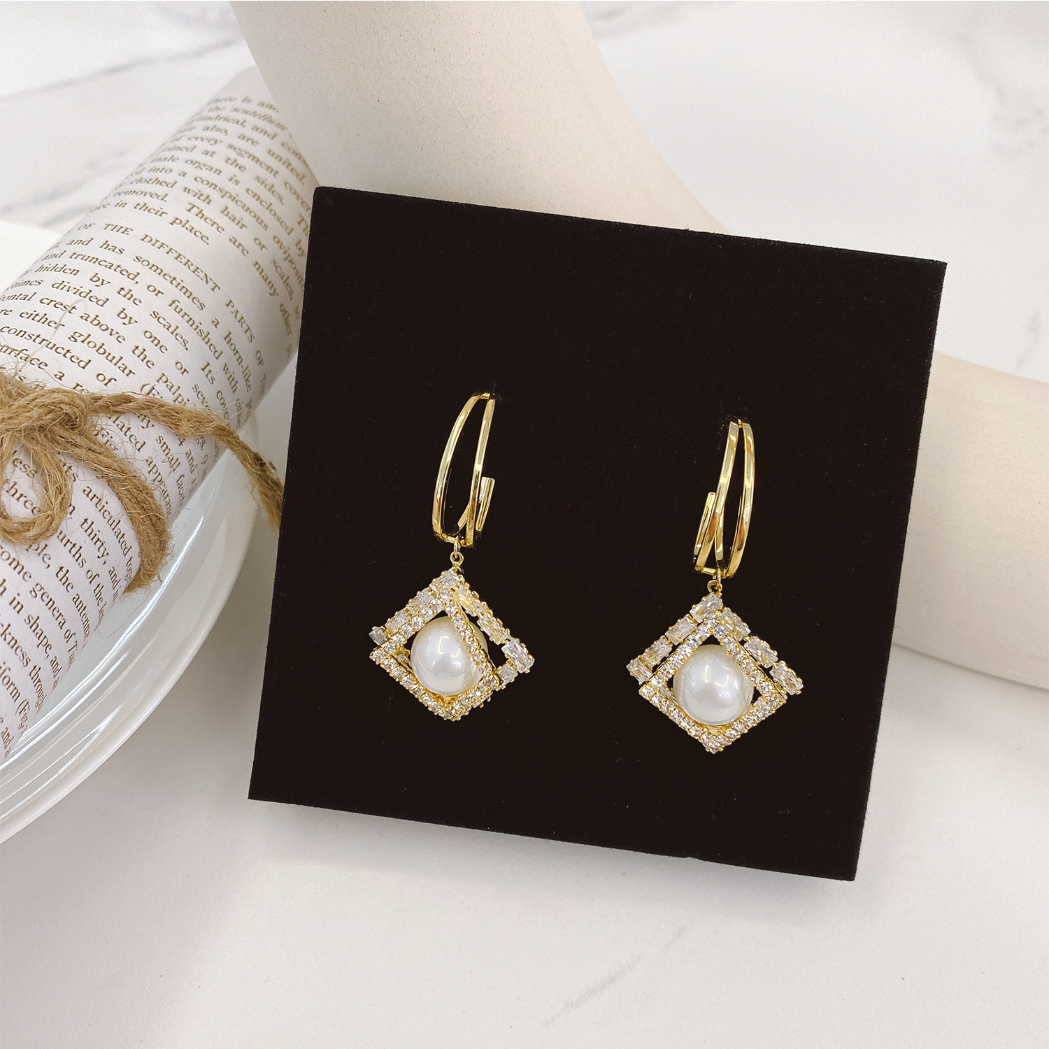 Geometric Diamond Pearl Earrings