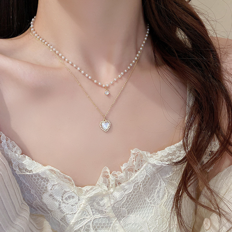 Double Zircon Pearl Heart Necklace